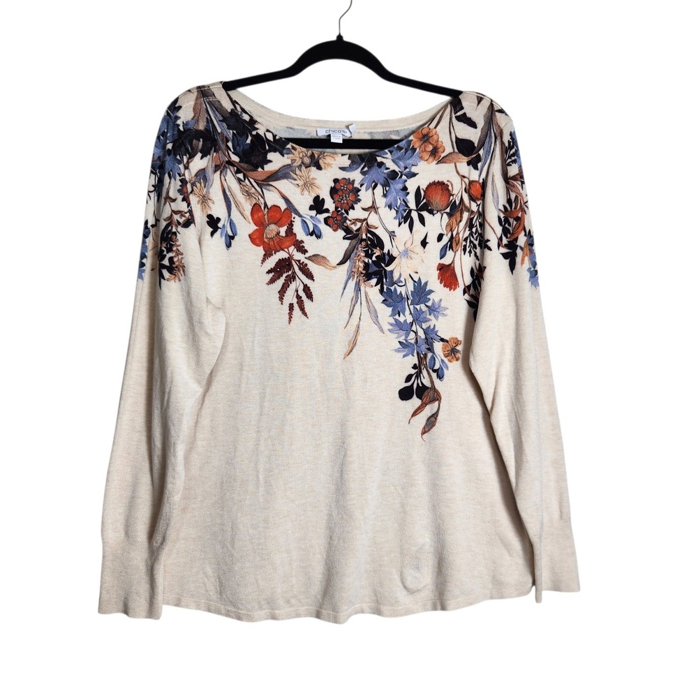 Chicos Floral Placement Print Boat Neck Sweater Beige Oatmeal XL Size 3